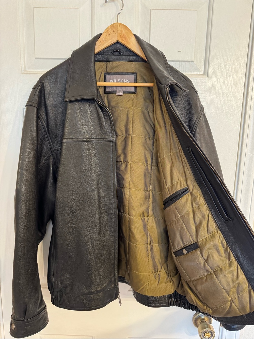 Wilson Black Leather Bomber Jacket with Olive Quilted Lining